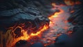 Lava flow. Volcano magma eruption. Burning fire and ash. Hot molten flames. Wallpaper background.