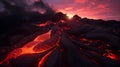 Lava flowing across a volcanic landscape, vastness of the molten terrain and the intense heat