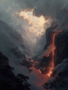 Lava flowing dramatically over a cliff into a deep valley during twilight, surrounded by mist and dramatic clouds Royalty Free Stock Photo