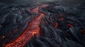 Lava flowing near volcano at night, glowing molten rocks, dramatic volcanic landscape, natural phenomenon. Generative ai
