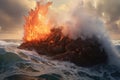 lava flowing into the ocean creating steam Royalty Free Stock Photo