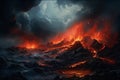 lava flowing towards the sky and a mountain, in the style of eerie dreamscapes