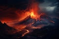 lava flowing towards the sky and a mountain, in the style of eerie dreamscapes