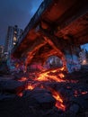 Lava glows beneath partially collapsed structure with urban backdrop during twilight hours Royalty Free Stock Photo