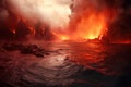 lava lake boiling with smoke plumes in the background