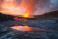 lava lake boiling with smoke plumes in the background