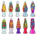 Lava lamps. Psychedelic bubble liquid, 90s retro lamp with colourful neon hippie abstract shapes vector illustration set Royalty Free Stock Photo