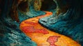 Lava River Flows Through a Dark Volcanic Cave Royalty Free Stock Photo