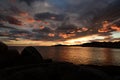 Dramatic sunset on Tigullio gulf. Cavi di Lavagna. Tigullio gulf. Liguria, Italy Royalty Free Stock Photo