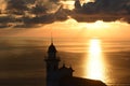 Church belltower silhouette at sunset. Santa Giulia di Centaura. Lavagna. Liguria, Italy Royalty Free Stock Photo