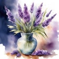 lavander watercolor illustration lavander fueld flowers in vase Royalty Free Stock Photo