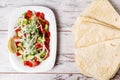 Lavas, Traditional Turkish Flat Bread and Salad on White Wooden Royalty Free Stock Photo