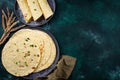 Lavash flat bread on green background Royalty Free Stock Photo