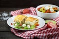 Lavash rolls with meet, vegetables and cheese served with green Royalty Free Stock Photo