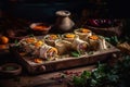 Lavash rolls with pickled vegetables and herbs. Generative AI