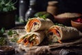 Lavash rolls with pickled vegetables and herbs. Generative AI