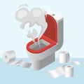 Lavatory pan wc littering with toilet paper vector illustration. Please do not litter in toilet flat style poster