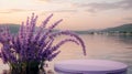 Lavender arch empty product podium under twilight sky for whimsical displays and presentations