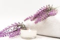 Lavender aromatherapy Spa with candle. Thai Spa relax Treatments and massage white background. Royalty Free Stock Photo