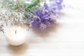 Lavender aromatherapy Spa with candle. Thai Spa relax Treatments and massage concrete background. Healthy Concept.