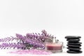 Lavender aromatherapy Spa with rock and candle. Thai Spa relax Treatments and massage white background.