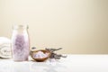 Lavender bath salt in a glass jar with flowers Royalty Free Stock Photo