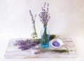 Lavender bath salt, natural soap and fresh lavender flowers Royalty Free Stock Photo