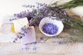 Lavender bath salt, natural soap and fresh lavender flowers Royalty Free Stock Photo