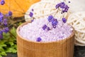 Lavender bath salt in a wooden jar, close-up Royalty Free Stock Photo