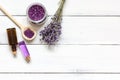 Lavender bath salt on wooden table top view