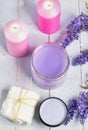 Lavender beauty products on a wooden table Royalty Free Stock Photo