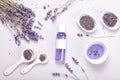 Lavender body care products. Aromatherapy, spa and natural healthcare mockup Royalty Free Stock Photo