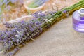 Lavender bottle flower perfume in the field Royalty Free Stock Photo