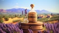 Lavender Bottle On Wooden Barrel: A Delicate Juice In Picturesque Lavender Fields