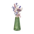Lavender bouquet with a bird made of fabric in a glass vase isolated on a white background Watercolor illustration of Provencal Royalty Free Stock Photo