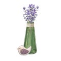 Lavender bouquet with a bird made of fabric in a glass vase isolated on a white background Watercolor illustration of Provencal Royalty Free Stock Photo