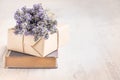 Lavender bouquet laid over an old book on a white wooden background. Vintage style.