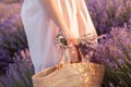 Lavender bouquet in a wicker bag on lavender field sunset