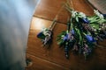 Lavender bouquet on wooden table. Wedding accessories Royalty Free Stock Photo