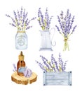 Lavender bouquets in jug, jar and wooden box. Watercolor Provence spa elements Royalty Free Stock Photo