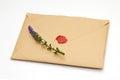 Lavender on the brown sealed envelope