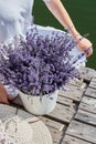 Lavender in a bucket on the pier with the girls. Royalty Free Stock Photo