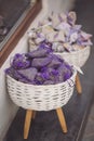 Lavender bud dry flower sachet fragrant bags in basckets, purple organza pouch with natural dried lavender flowers Royalty Free Stock Photo