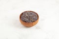 Lavender bud dry flowers in wooden bowl. Purple herbal tea with natural dried lavender flowers Royalty Free Stock Photo