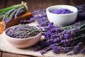 lavender bunch next to a ceramic bowl filled with dried lavender for tea