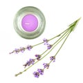 Lavender candle with fresh lavender, isolated on white Royalty Free Stock Photo