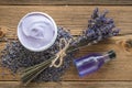 Lavender cream or balm, essential oil and bunch of dried flowers. Royalty Free Stock Photo