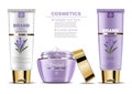 Lavender cream cosmetic set collection Vector mock up. Realistic product packaging label designs. Lotion, facecream and Royalty Free Stock Photo