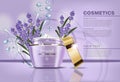 Lavender cream cosmetic Vector mock up. Realistic product packaging label design. Waterdrops and laveder flowers