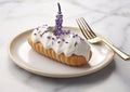 Lavender cream eclair on plate in fine dining restaurant.Macro.AI Generative